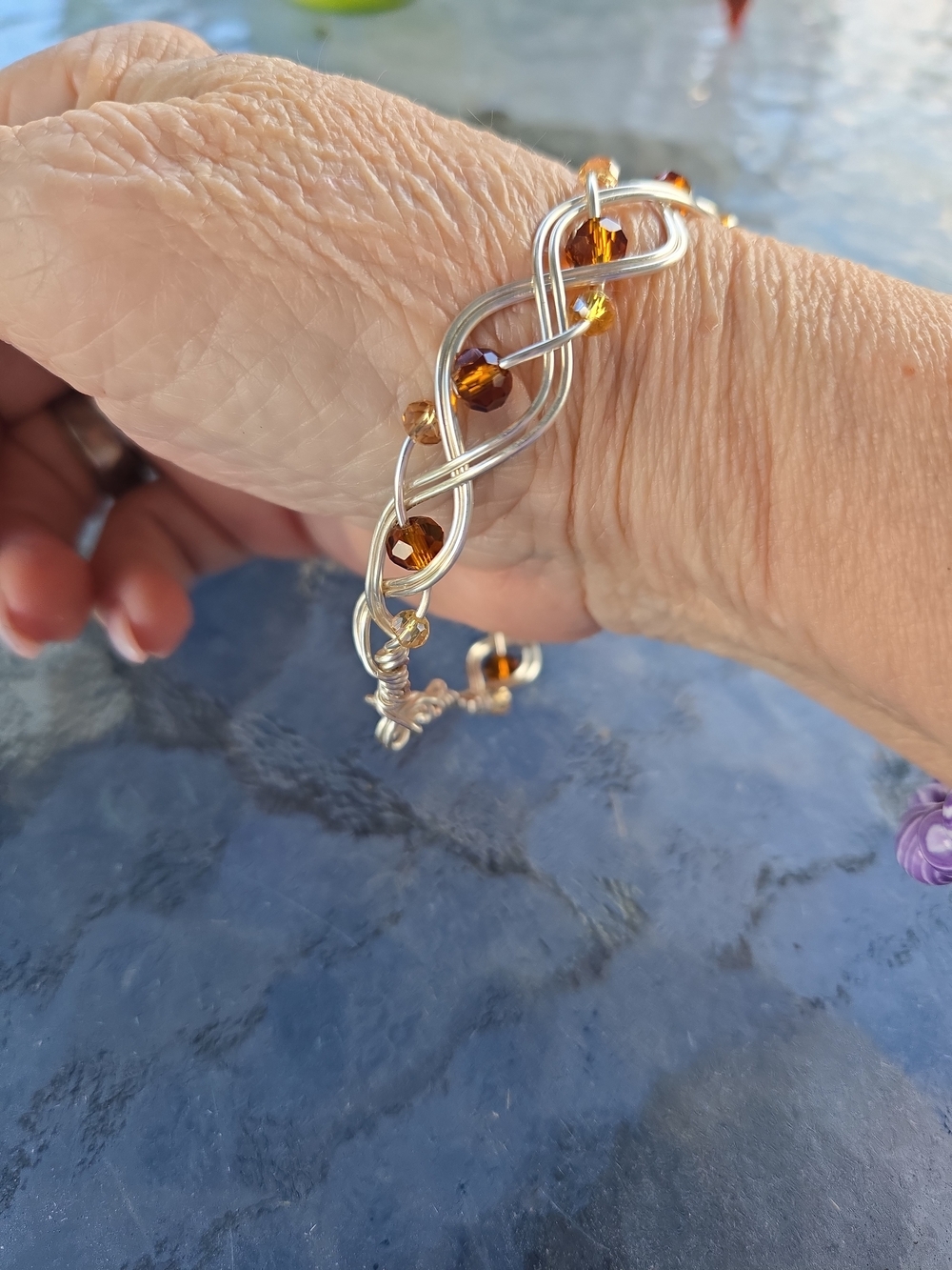 Hand Crafted Wire Braided Bangle Bracelet Amber 9.5” - Picture 5 of 15